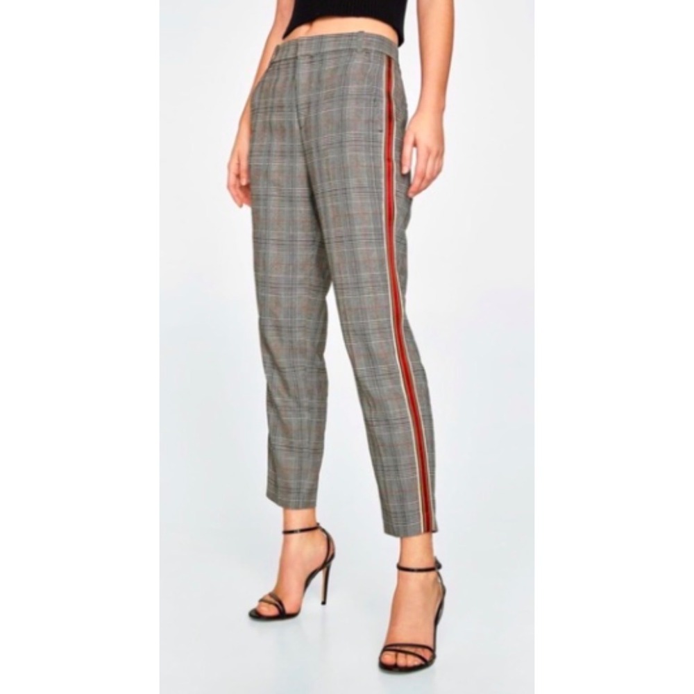 Zara Basic Womens Plaid Tapered Trousers Grey Glen Check Red Side Stripe XS